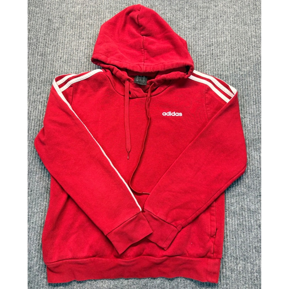 Adidas Red 3-Stripe Pullover Hoodie Womens Small White Logo Fleece Sweatshirt